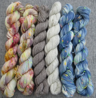 Set 120g / 6x mini přadénko Luxusní Anglická ponožková příze mix Merino Yak Neon nopky Stellia č.3